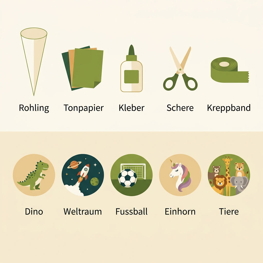 Infografik: Materialien und beliebte Motive zum Schultüte basteln